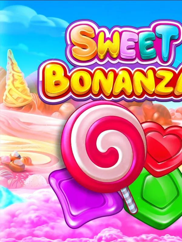 Herzf&ouml;rmige Fruchtgummis und ein Lutscher vor Zuckerwatte-Himmel im Hochformat &ndash; Sweet Bonanza