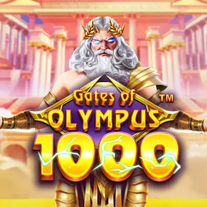 B&auml;rtiger G&ouml;tterkopf schleudert goldene Blitze zwischen Marmors&auml;ulen &ndash; Gates of Olympus 1000