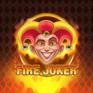 Grinsender Harlekin-Joker mit roter Kappe umringt von Flammen &ndash; Fire Joker